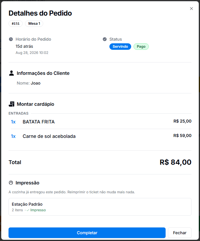 Detalhe de um pedido aberto, com itens, total e status de impressão