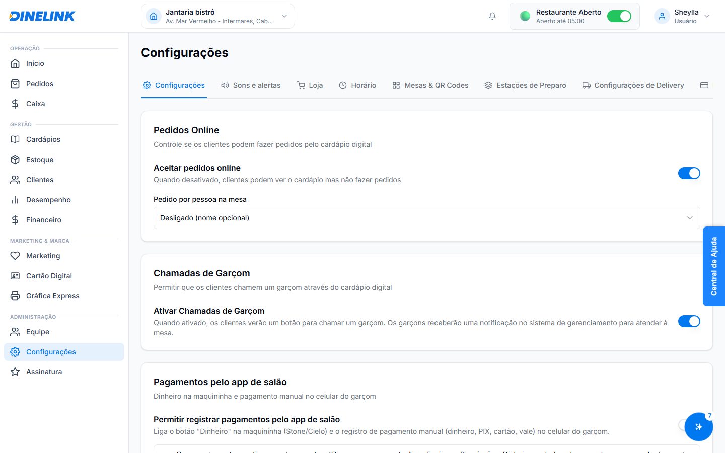 Aba Configurações, com os toggles de Pedidos Online, Chamadas de Garçom e Pagamentos pelo app de salão