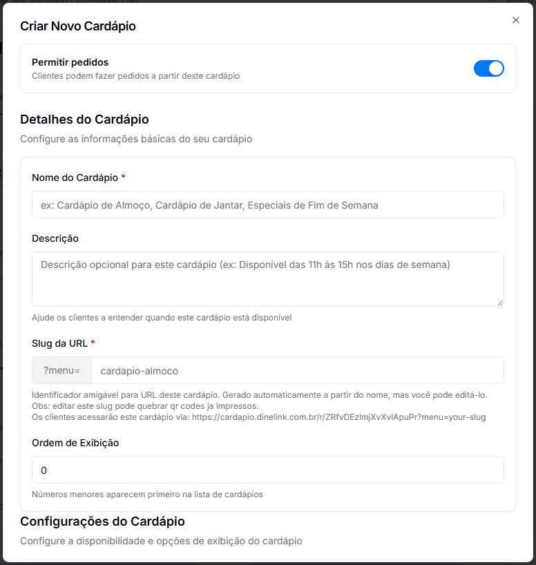 Formulário de criação de um novo cardápio