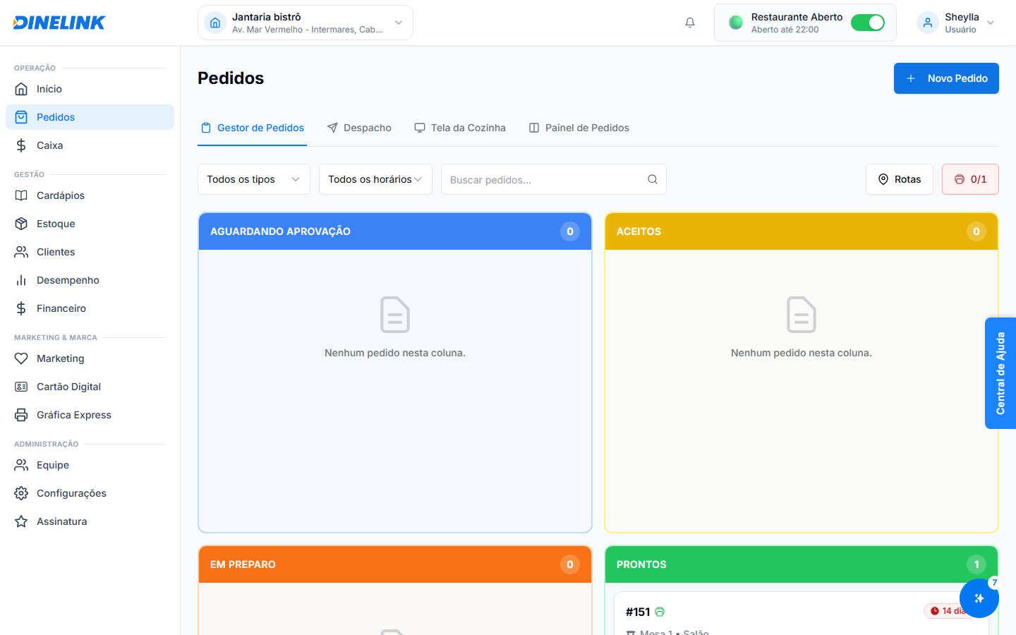 Aba Gestor de Pedidos com colunas por status